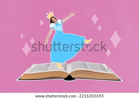 Composite collage picture image of funny young woman reading book imagination princess dress crown fairy tale character have fun novel