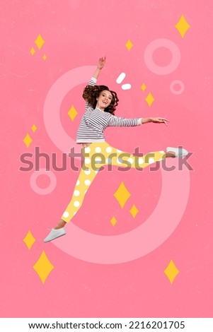 3d retro abstract creative artwork template collage of energetic positive young girl dancing jumping enjoy summer vacation feel free