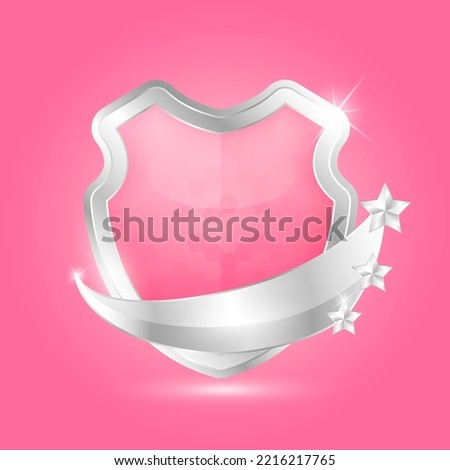 Protection shield and metallic aluminum shiny silver with pink shiny glass glowing. Safety badge label icon 3d isolated on solid background. Presentation sticker shape. Defense sign. Vector.