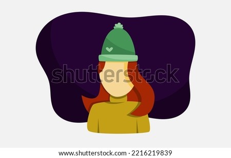 Girl with blue beanie and turtle neck portrait flat vector illustration in winter night. Fall and winter season theme element for website, poster, app design, and company promotion