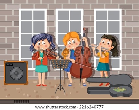 Children music band playing music instrument illustration