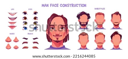 Man face constructor, cartoon caucasian male character avatar creation kit. Collection of heads, hairstyle, nose, eyes with eyebrows and lips. Isolated facial elements for construction, Vector set Royalty-Free Stock Photo #2216244085