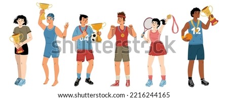 Sportsmen winners and champions. Young smiling happy sports characters holding golden trophy in hands celebrate victory in soccer, tennis, swimming competition, Cartoon linear flat vector illustration