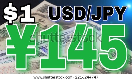 Digitally rendered sign in large numbers displaying 145 JPY against US $1. 10,000 JPY and $100 bills in the background. Foreign currency exchange concept. Green numbers indicating positive change.