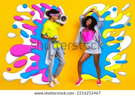 Creative drawing collage picture of youngster man woman couple friends dancing retro vintage fashion boombox colors painting splashes