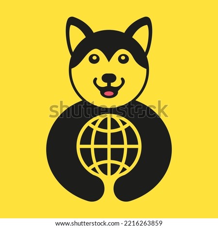 Husky World Logo Negative Space Concept Vector Template. Husky Holding Global Symbol
