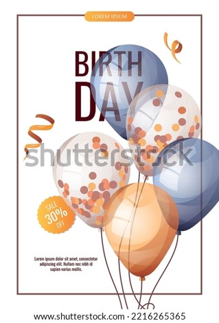 Birthday promo sale flyer with balloons. Birthday gift, party, celebration, holiday, event, festive, congratulations concept. Vector illustration. Banner, flyer, advertising.