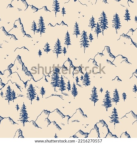Vector seamless pattern with hand drawn mountains and pine trees with birds. Engraving style.