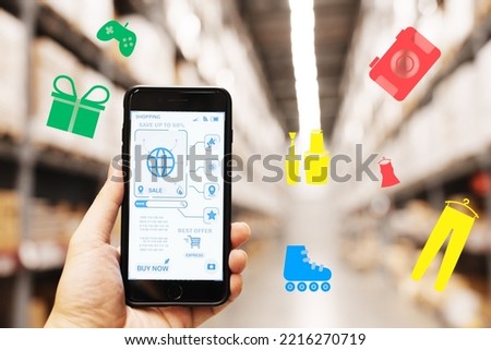 People are using mobile phone to buy something by online shopping with blur pictures of warehouse and icons of things you want to buy.	 Royalty-Free Stock Photo #2216270719