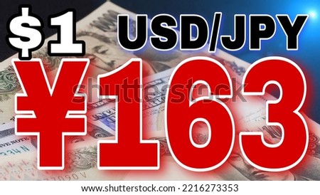 Digitally rendered sign in large numbers displaying 163 JPY against US $1 value. 10,000 JPY and $100 bills in the background. Foreign currency exchange concept. Red numbers indicating negative change.
