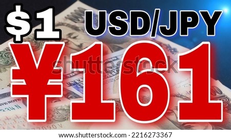 Digitally rendered sign in large numbers displaying 161 JPY against US $1 value. 10,000 JPY and $100 bills in the background. Foreign currency exchange concept. Red numbers indicating negative change.