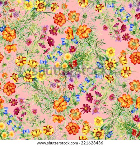 Wild flowers seamless pattern on pink background vector illustration