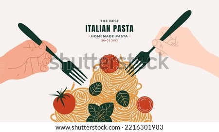 Two hands with forks tasting spaghetti with meatballs. Food textured composition. Vector illustration.