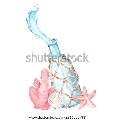 Water pours from a bottle in a rope mesh next to corals, shells and a starfish. Watercolor illustration. Isolated on a white background. For the design of bathroom items, beach accessories, cosmetics.