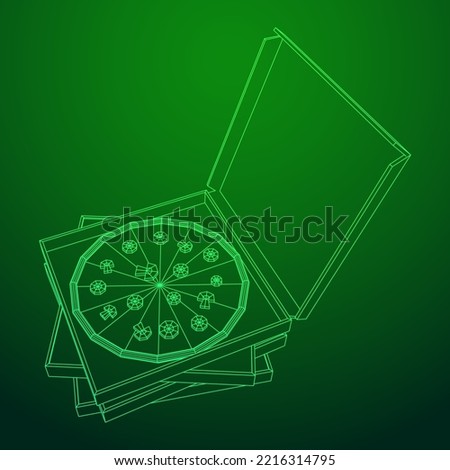 Fresh pizza in box. Traditional Italian fast food meal. European snack. Wireframe low poly mesh vector illustration
