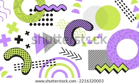 Memphis Elements. Abstract background. Desktop wallpaper. Green and purple colors.