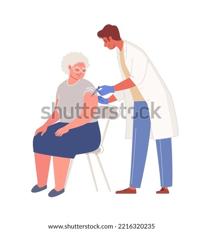 Elderly woman came to vaccination. Nurse gives injection in shoulder to patient. Vector illustration. Flat cartoon characters. Royalty-Free Stock Photo #2216320235