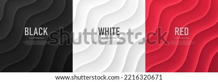 Set of black, white, red 3D wavy lines stripes texture with soft light and shadow. Minimal wave curve pattern collection design with text copy space. Creative trendy color templates. Vector EPS10.