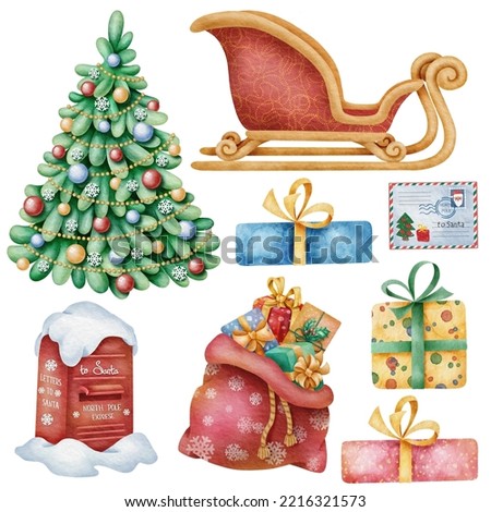 Christmas set of watercolor illustrations. Christmas tree, Santa's sleigh, mailbox, gift bag, letter to Santa. Perfect for the design of textiles, greeting cards, stickers, invitations.