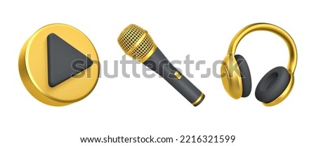 Play button, microphone and headphones isolated on white. Gold and black music icons. 3D rendering with clipping path