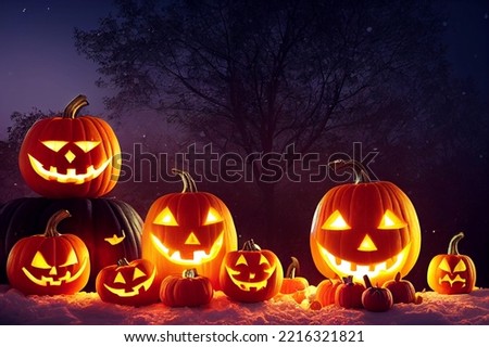 The family of Halloween pumpkins glow on a dark background with a tree