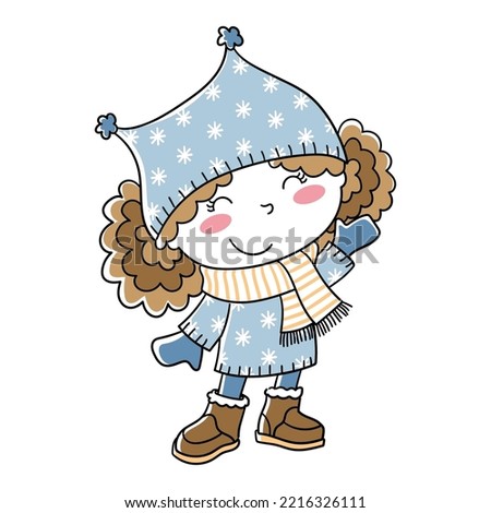 Illustration of a sweet little girl wearing winter clothes and waving her hand