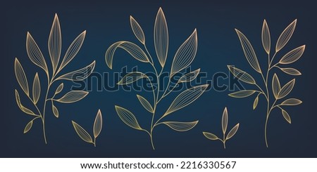 Vector set leaves botanical modern, art deco branches isolated, golden hand drawn . Line design, luxury style