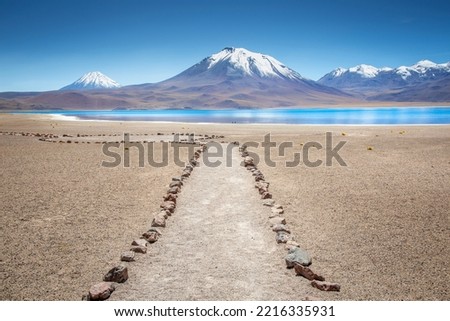 Trail to Laguna Miscanti, salt lake in Atacama desert, volcanic landscape, Chile