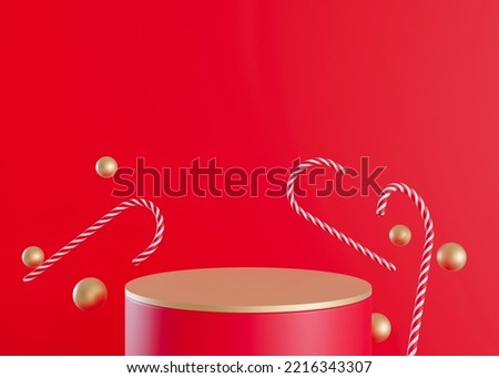 Golden podium with Christmas decoration on red background. Xmas composition. Elegant scene for product, cosmetic presentation. Luxury mock up. Pedestal, platform for beauty products. 3D Illustration
