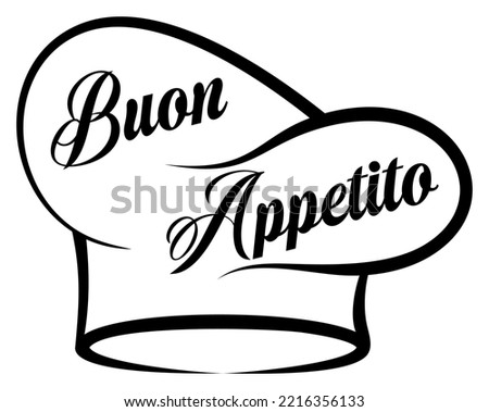 Buon Appetito vector lettering in black. With chef hat. White isolated background.
Italian meal wish for a good food.
Translation: Buon Appetito is Enjoy your meal.