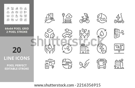 Line icons about green city. Sustainable development. Contains such icons as renewable energy, autonomous building, air and water quality. Editable vector stroke. 64 and 256 Pixel Perfect scalable. Royalty-Free Stock Photo #2216356915