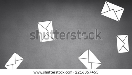 Illustration of falling white envelopes against gradient gray background, copy space. Digitally generated, message, communication, application and letters concept.