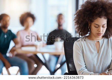Workplace bullying, anxiety and gossip of businesswoman with depression, mental health and sad victim exclusion by employees in company office. Lonely, depressed and harassment worker discrimination Royalty-Free Stock Photo #2216363873