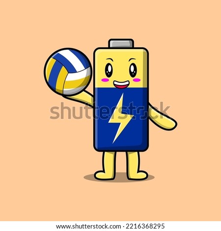 Cute cartoon Battery character playing volleyball in flat cartoon style illustration
