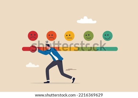 Dissatisfaction, dislike or negative feedback, angry customer or dissatisfied employee, angry review, disappointment rating or complaint concept, man pushing rating bar to dissatisfaction level. Royalty-Free Stock Photo #2216369629