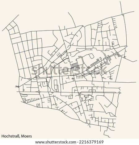 Detailed navigation black lines urban street roads map of the HOCHSTRASS QUARTER of the German regional capital city of Moers, Germany on vintage beige background