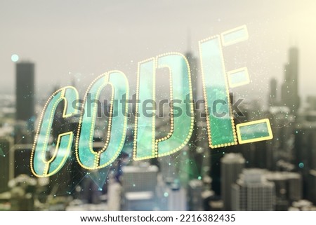 Code word hologram on blurry cityscape background, artificial intelligence and neural networks concept. Multiexposure