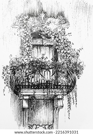 Close-up of beautiful vintage balcony of an old building decorated with plants. Drawing by hand with black ink on paper. Black and white artwork.