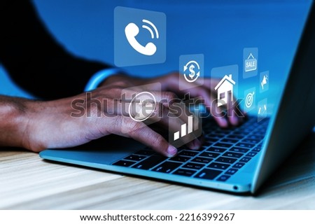 Broker. real estate agent hand working on laptop computer with virtual financial icon diagram, sell house, business finance, internet data technology, digital marketing, social network concept Royalty-Free Stock Photo #2216399267