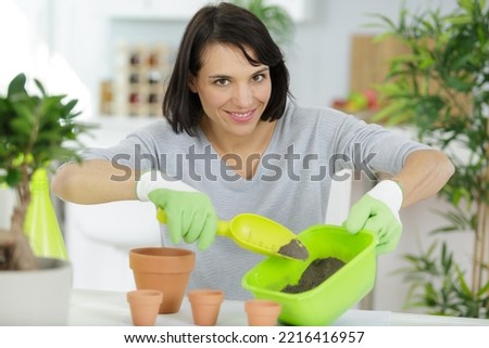 woman works with garden plant nursery store