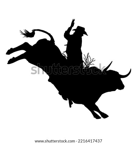 cowboy riding a bull and throwing lasso fine silhouette black outline over white Royalty-Free Stock Photo #2216417437