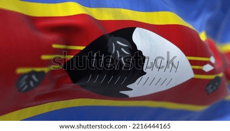 Close-up view of the Eswatini national flag waving in the wind. ESwatini is an independent state of southern Africa, known until 2018 as Swaziland.. Fabric textured background. Selective focus