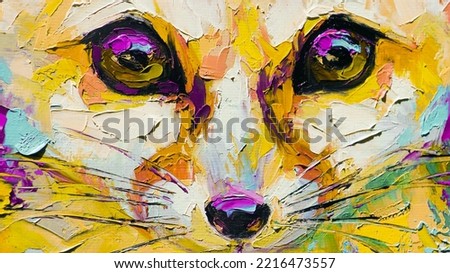 Oil fox portrait painting in multicolored tones. Conceptual abstract painting of a fennec muzzle. Closeup of a painting by oil and palette knife on canvas. 
