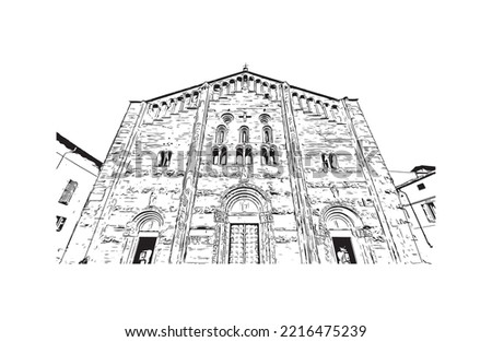 Building view with landmark of Pavia is the 
town in Italy. Hand drawn sketch illustration in vector.