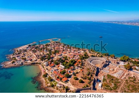 Aerial top view ancient Side city Antalya Turkey drone photo.