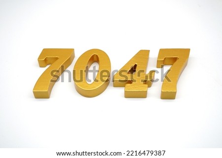   Number 7047 is made of gold-painted teak, 1 centimeter thick, placed on a white background to visualize it in 3D.                               