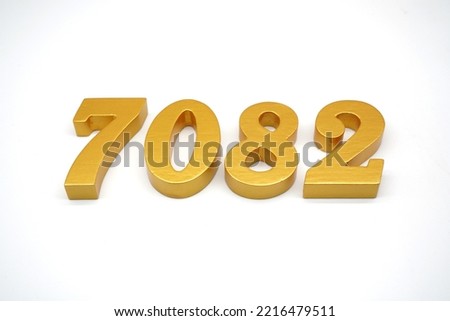 Number 7082 is made of gold-painted teak, 1 centimeter thick, placed on a white background to visualize it in 3D.                                