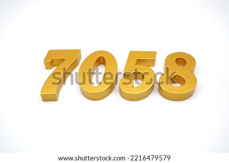  Number 7058 is made of gold-painted teak, 1 centimeter thick, placed on a white background to visualize it in 3D.                                 