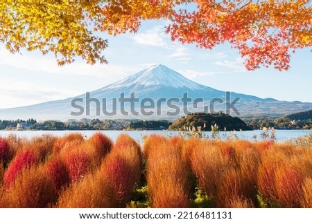 Mt. Fuji scenery from Kawaguchiko Lake in Yamanashi Japan during autumn season. All Maple leaves turn to red and orange. Royalty-Free Stock Photo #2216481131