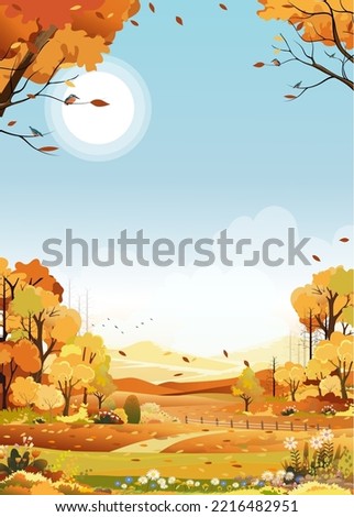 Autumn landscape of farm field with blue sky background, Fall season in countryside with cloudy sky and Sun, Mountain, grass land in Orange foliage,Vector banner for Autumnal backdrop